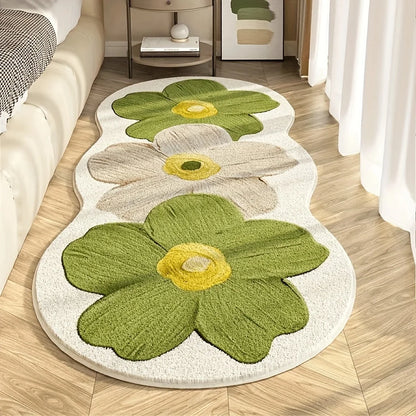 Nordic Style Floral Area Mat - Blue and Beige Bedroom Rug - Bascora