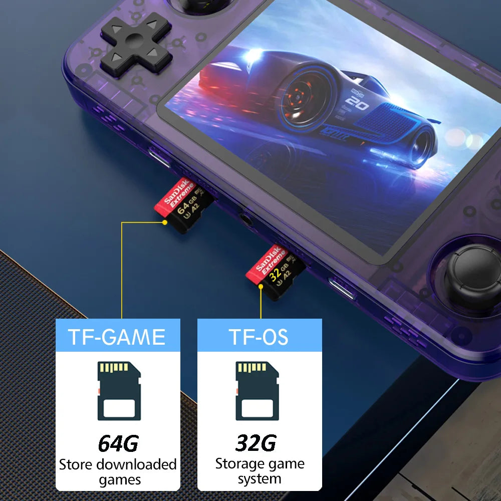 Handheld gaming console with two microSD cards labeled 'TF-GAME' and 'TF-OS' on a blue background.