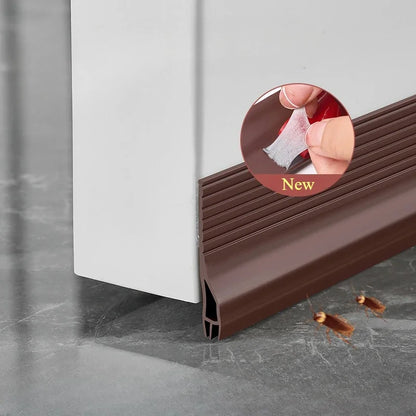 Brown door seal strip on a gray floor with a close-up inset showing installation.