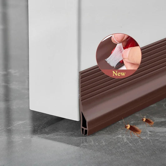 Brown door seal strip on a gray floor with a close-up inset showing installation.