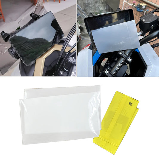 Collage of a phone mount on a motorcycle, a screen protector, and cleaning supplies including a white pouch and yellow cloth.