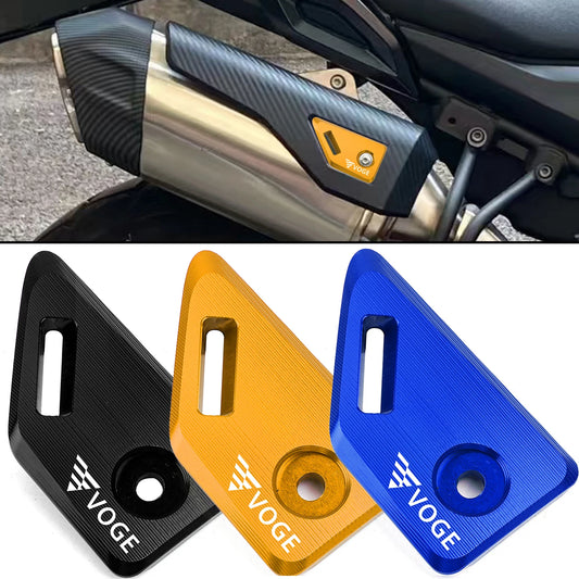 Motorcycle exhaust with VOGE brand nameplate and three color options displayed below.