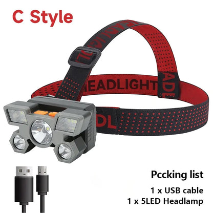 5 LED Rechargeable Headlamp - Hands-Free Adventure Light - Bascora