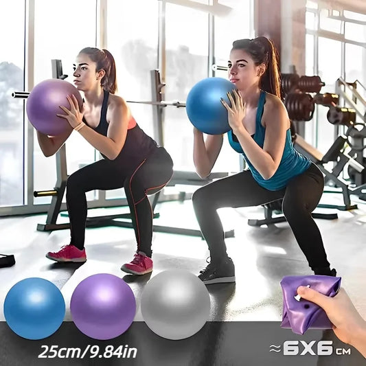 Two women exercising with fitness balls in a gym setting, with additional balls displayed below.