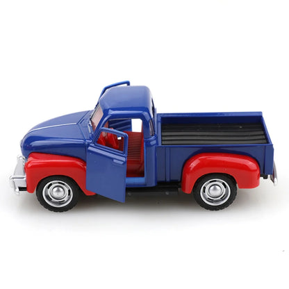 Model of a blue and red truck on a white background