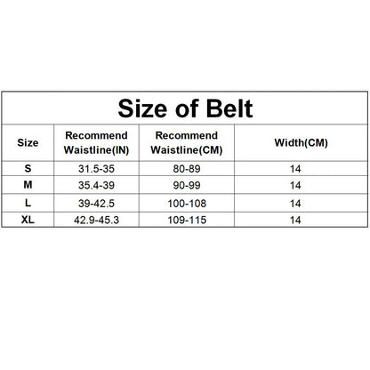 Size chart for a belt with waistline and width measurements.