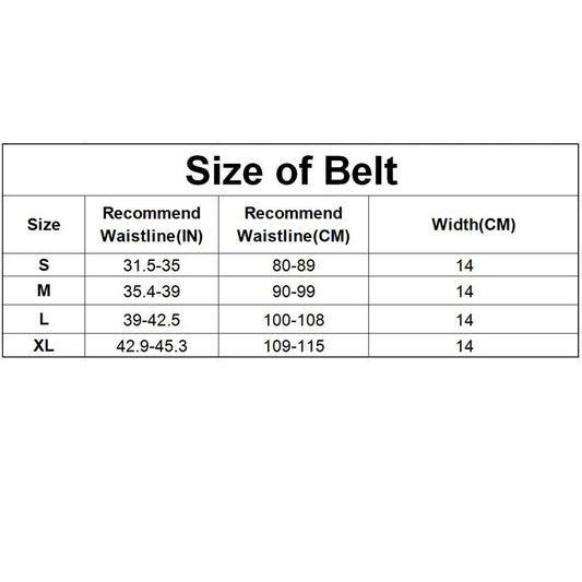 Size chart for a belt with waistline and width measurements.