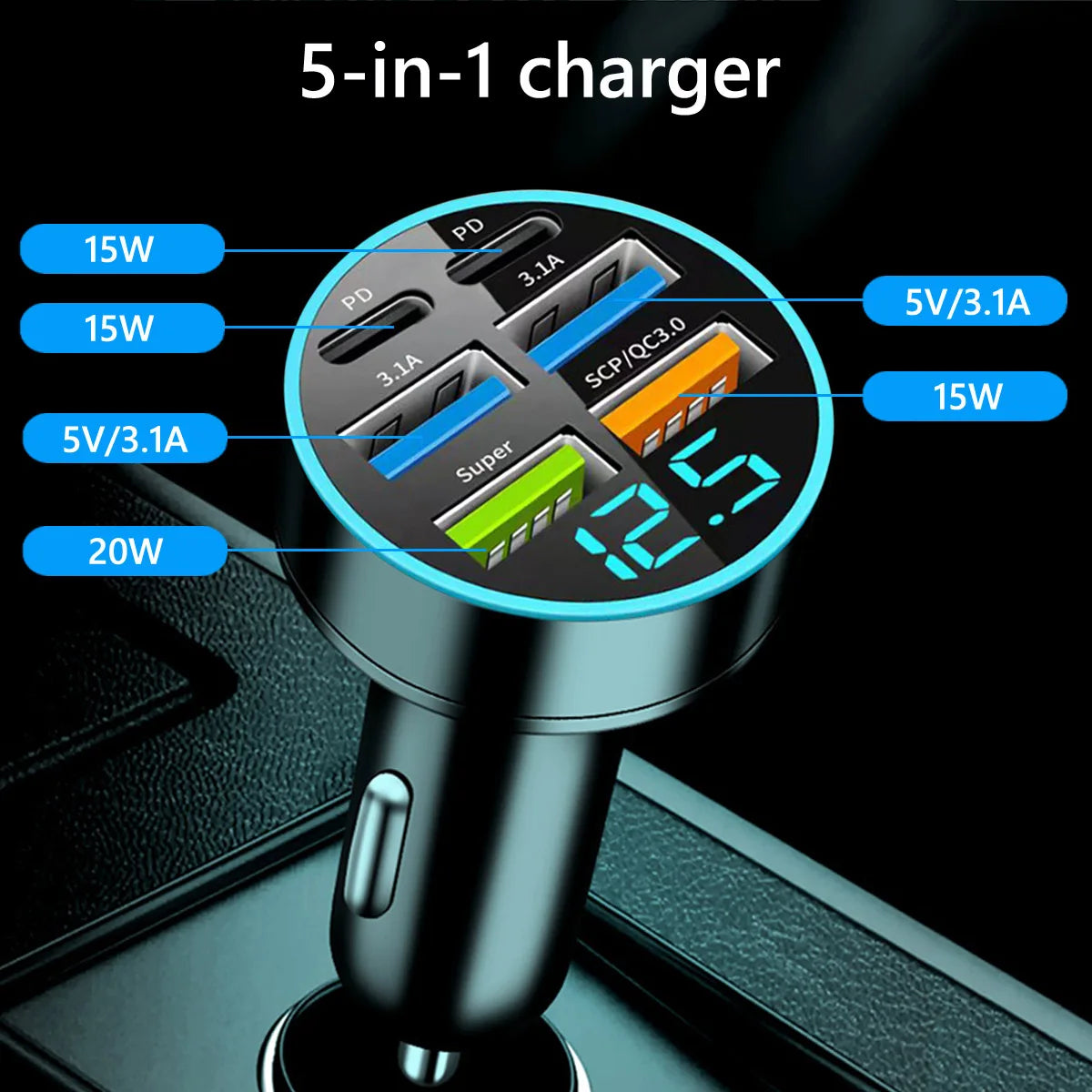 Fast Charging USB Type-C Car Charger - 6 Ports - Digital Display