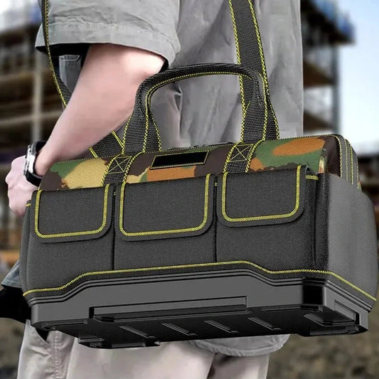 Person holding a wear-resistant tool bag with a blurred background
