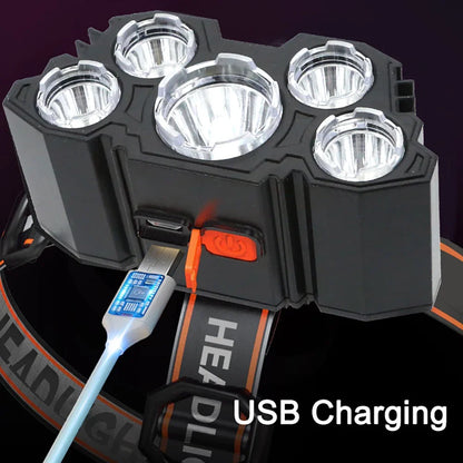 5 LED Rechargeable Headlamp - Hands-Free Adventure Light - Bascora