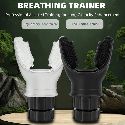 Two breathing trainer devices, one white and one black, on a wooden surface with a natural background.