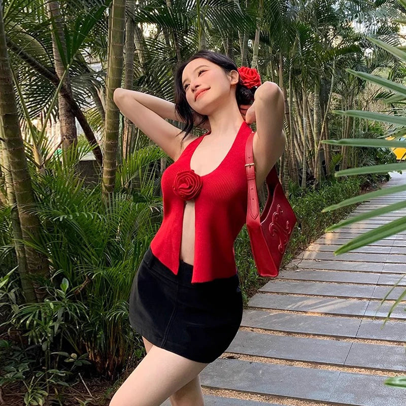 Camisole tricotée à fleurs d'été - Débardeur licou à col en V
