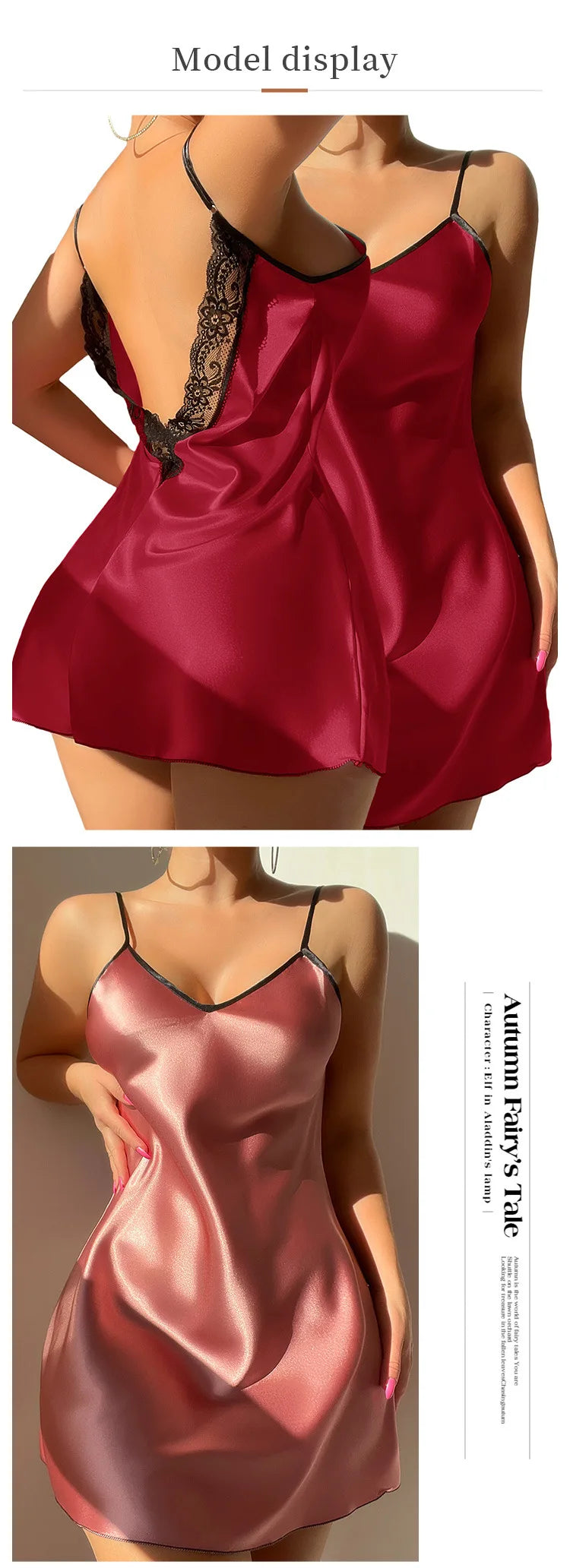 Lace Satin Slip Nightgown - Backless Spaghetti Strap Dress
