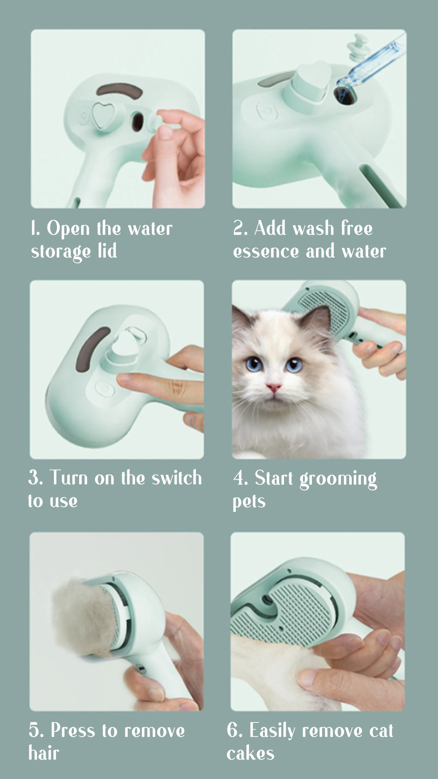 Cepillo de masaje a vapor para mascotas - Cabezal redondo seguro con spray depilatorio