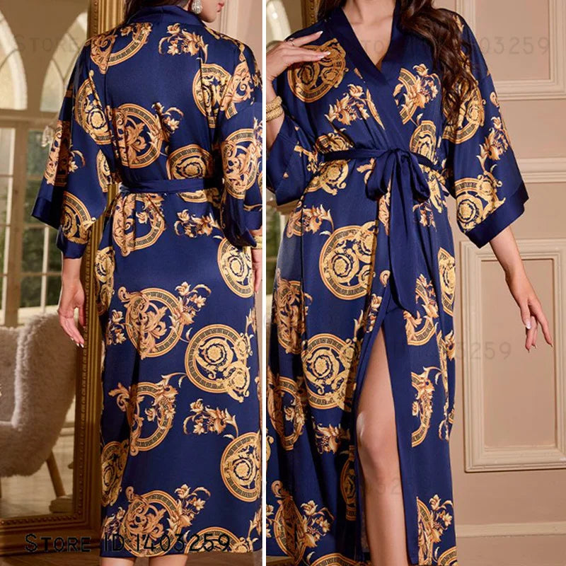 Plus Size Floral Kimono Robe - Silk Satin Loungewear