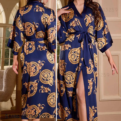 Plus Size Floral Kimono Robe - Silk Satin Loungewear - Bascora