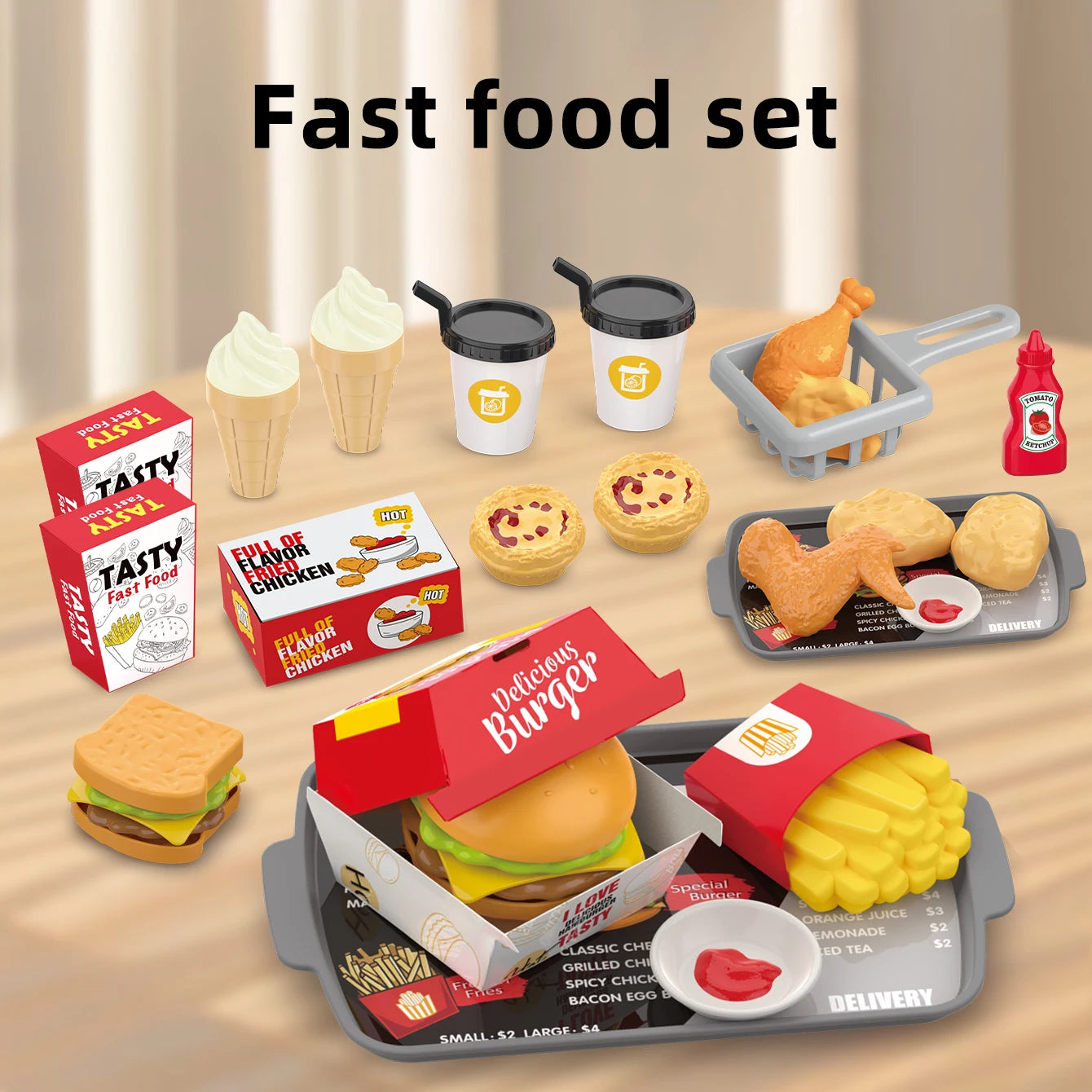 Collection of toy fast food items including burgers, fries, drinks, and desserts on a wooden surface.