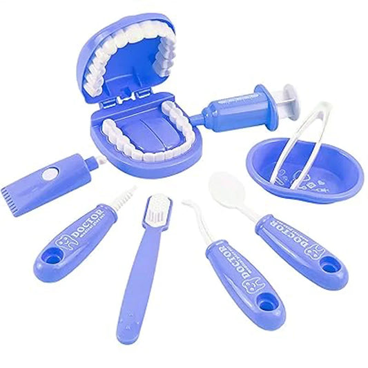 Set of dental tools including a mouthguard, brush, and other accessories on a white background.
