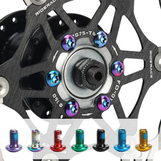 Close-up of a bicycle hub with colorful screws on a white background