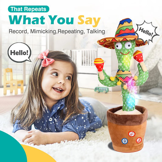 Child with a cactus-shaped toy that repeats what you say in a home setting