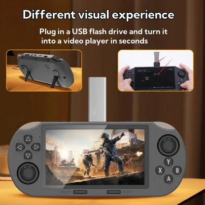 Handheld gaming console with screen displaying a video game, USB flash drive connection instructions.