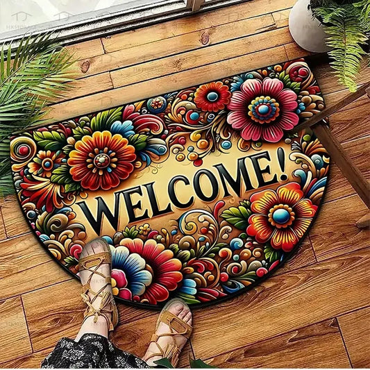 Decorative welcome mat with colorful flowers and 'WELCOME!' text on a wooden floor.