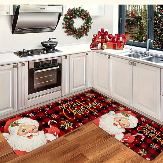 Red Grid Santa Claus Kitchen Floor Mat - Christmas Welcome Rug