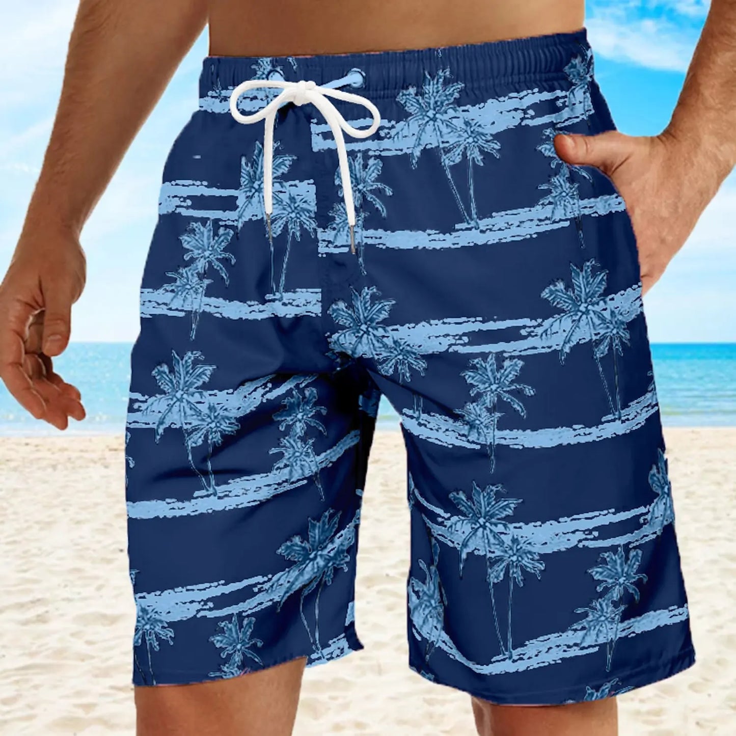 Short de bain hawaïen à motif cocotier - Short de plage à séchage rapide pour homme