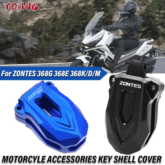 Motorcycle accessories key shell cover with ZONTES branding on a blurred background of a rider on a motorcycle.
