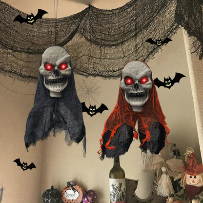 Halloween-themed decorations with ghost heads, bats, and a bottle on a neutral background.