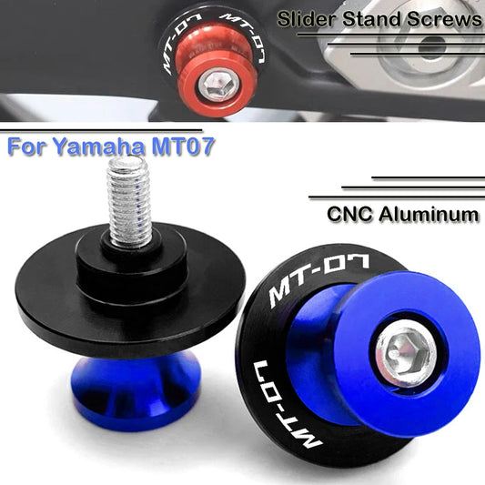 Slider stand screws for Yamaha MT07 with CNC aluminum and red, black, and blue colors.