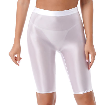 Women's High Waist Swim Shorts - Glossy Athletic Leggings Swimwear - Bascora