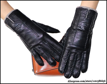 Guantes de piel auténtica de ciervo con textura - Unisex con forro de lana