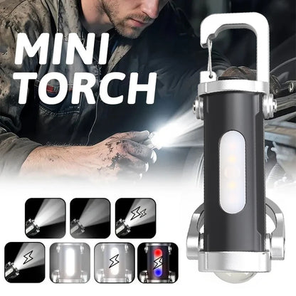 Mini torch with light beam display and person using it, surrounded by close-up shots of the torch.