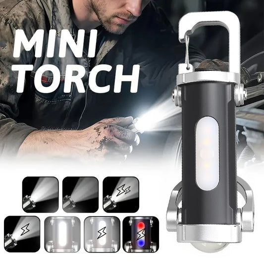 Mini torch with light beam display and person using it, surrounded by close-up shots of the torch.