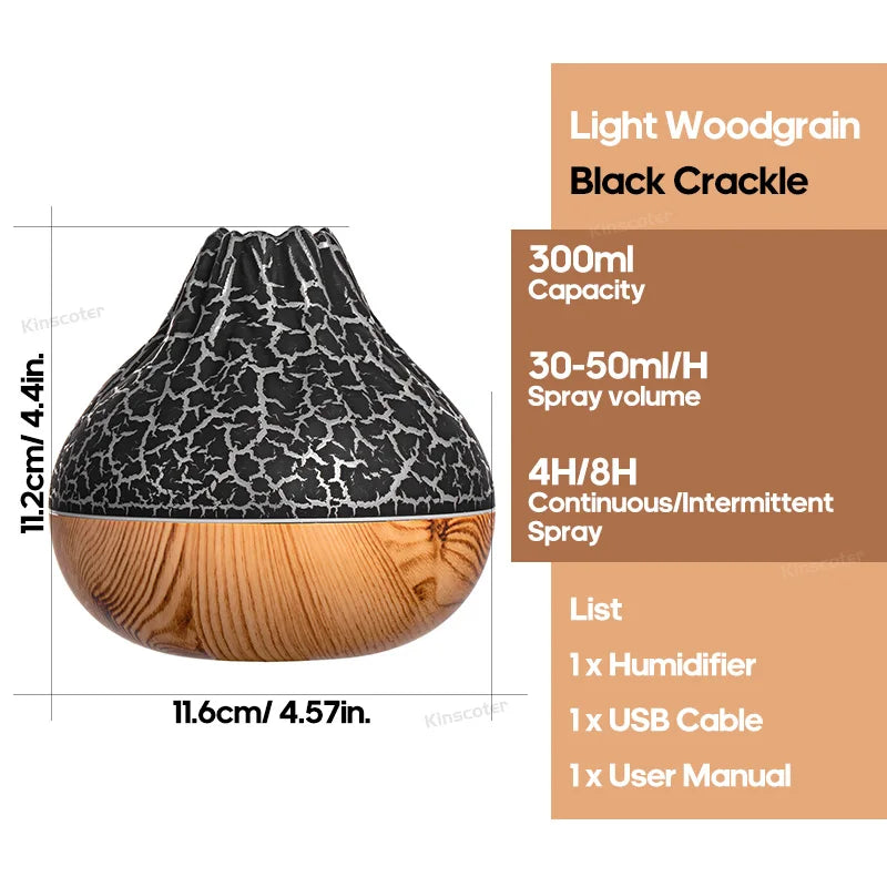 Wooden diffuser with black crackle top, dimensions, and specifications on a white background