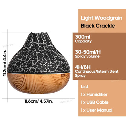 Wooden diffuser with black crackle top, dimensions, and specifications on a white background