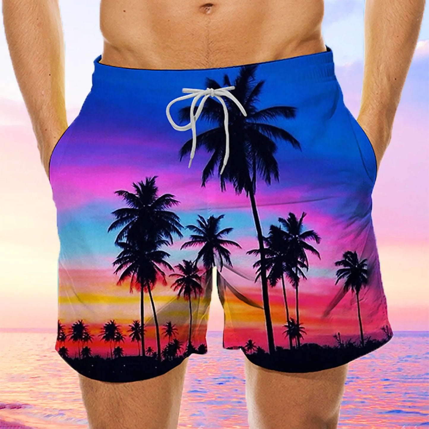 Short de bain hawaïen à motif cocotier - Short de plage à séchage rapide pour homme