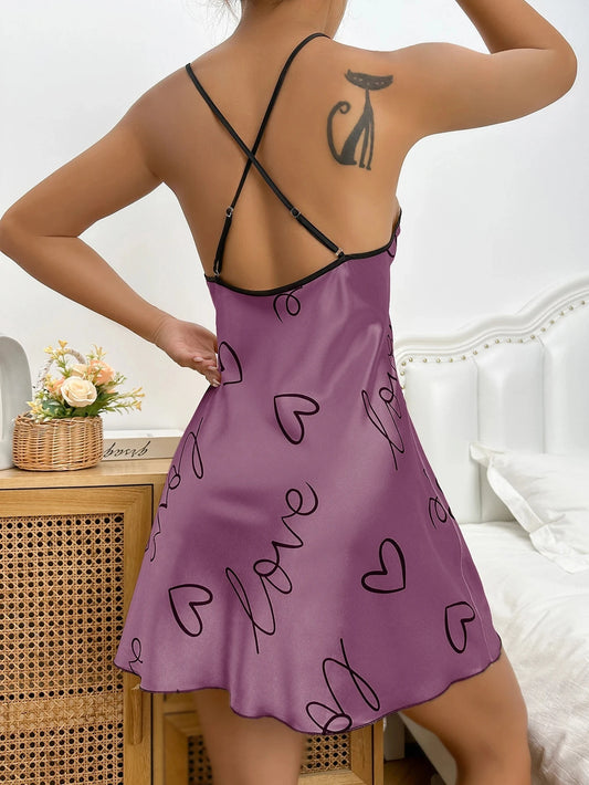 Heart Print Satin Nightdress - Criss Cross Back Sleep Dress