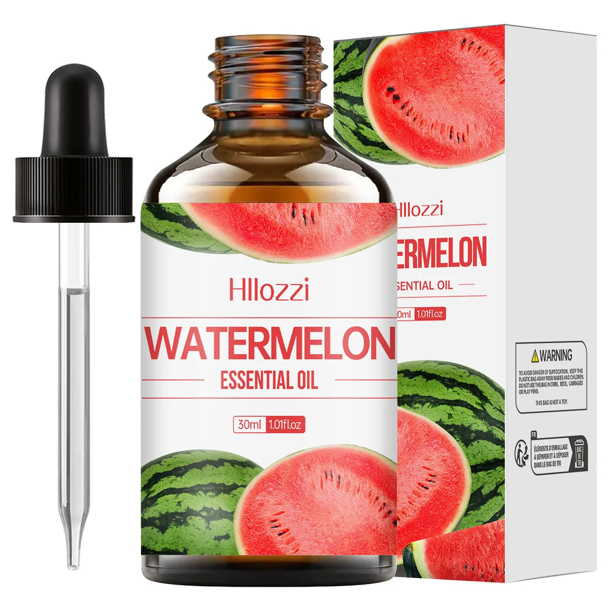 Hillozzi Watermelon Essential Oil bottle and packaging with watermelon graphics.