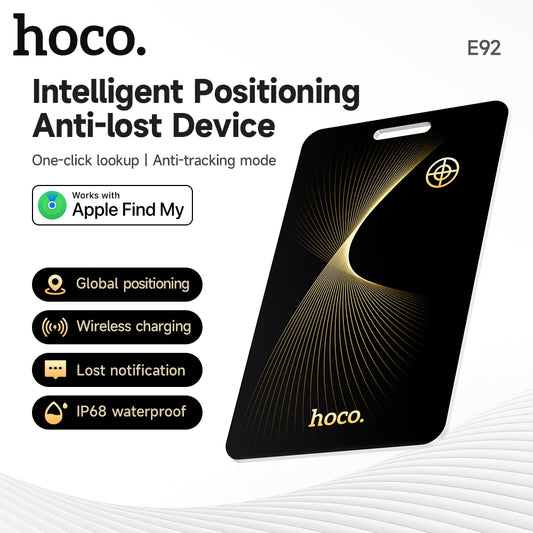 Hoco E92 intelligent positioning anti-lost device with features listed on a white background