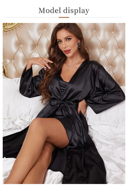 Champagne Silk Satin Bridal Robe Set - Suspender Nightgown - Bascora