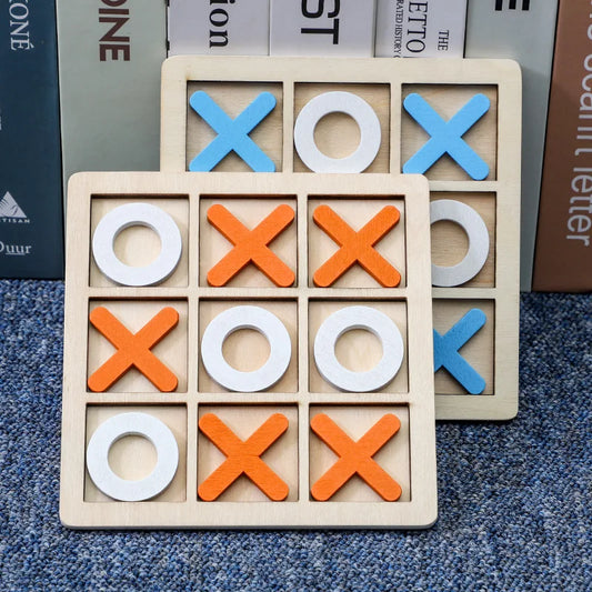 Wooden tic-tac-toe game with colorful markers on a textured surface