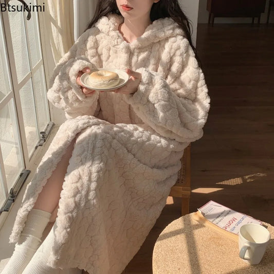 Winter Hooded Fleece Robe - Warm Pocket Nightgown