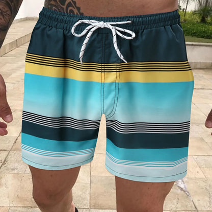 Men's Striped Board Shorts - Color Contrast Surf Swim Shorts - Bascora