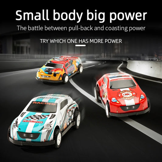Three toy cars on a racetrack with text about pull-back and coasting power.