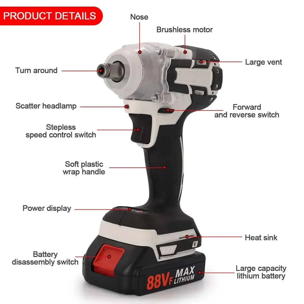 1000Nm 21V Cordless Electric Impact Wrench with 2 Batteries