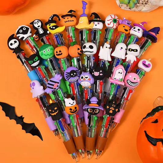 Assorted Halloween-themed pens with colorful cartoon character caps on an orange background.