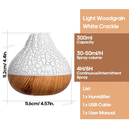 Wooden diffuser with crackle finish and product details on a white background