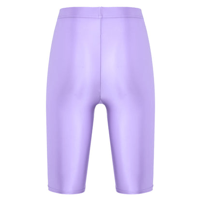 Women's High Waist Swim Shorts - Glossy Athletic Leggings Swimwear - Bascora